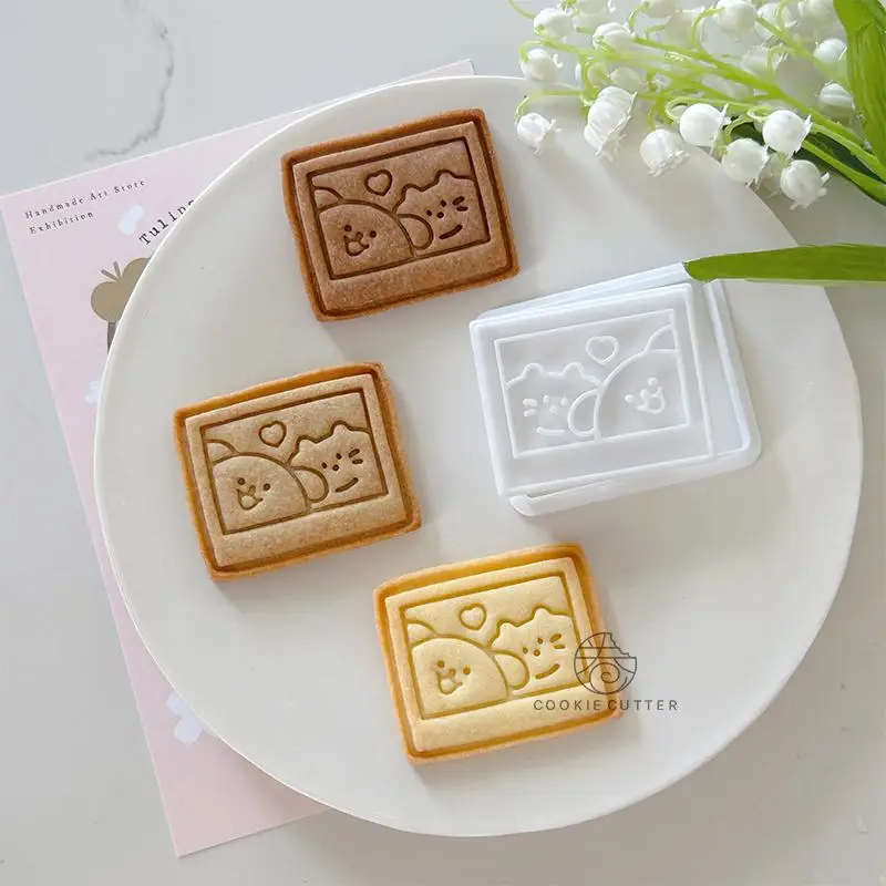 Cortadores de galletas con forma de marco de imagen de Animal, marco de corazón de plástico, molde para galletas prensable, sello para galletas, utensilios de cocina para hornear y repostería