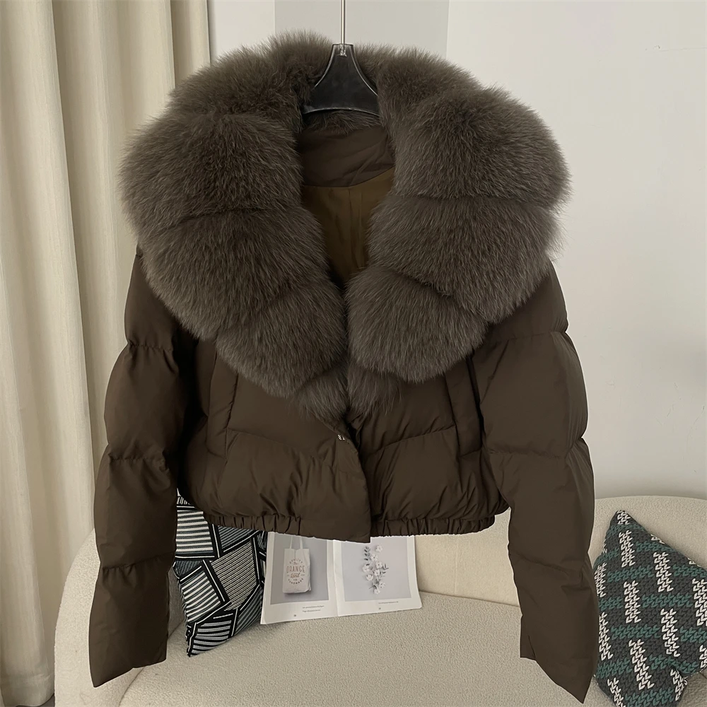 Down Jacket Women Short Puffer Jacket Thick New Big Natural Real Fox Fur Coat Autumn Winter Female White Duck Down Coat Feather
