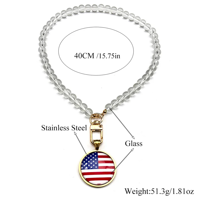 العلم الأمريكي الزجاج وسام الفولاذ المقاوم للصدأ قلادة قلادة للنساء الرجال الذهب اللون نجمة متلألئة راية الخرز سلسلة مجوهرات #6