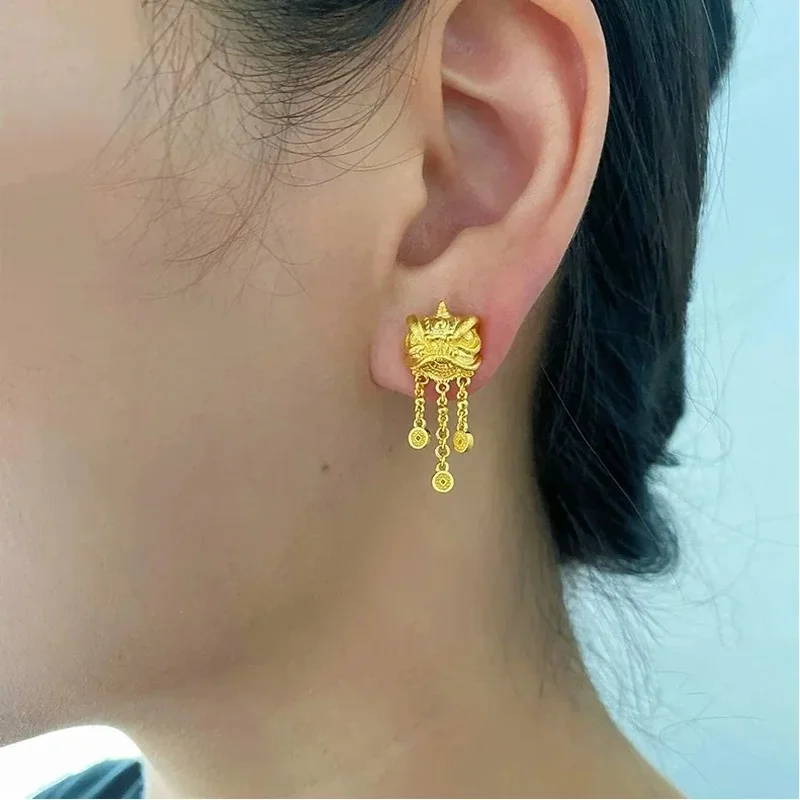 Women's 24K Gold (AU999) Lion Dance Tassel Earrings | Openwork lion pattern, micro-diamond glow with magnetic closure