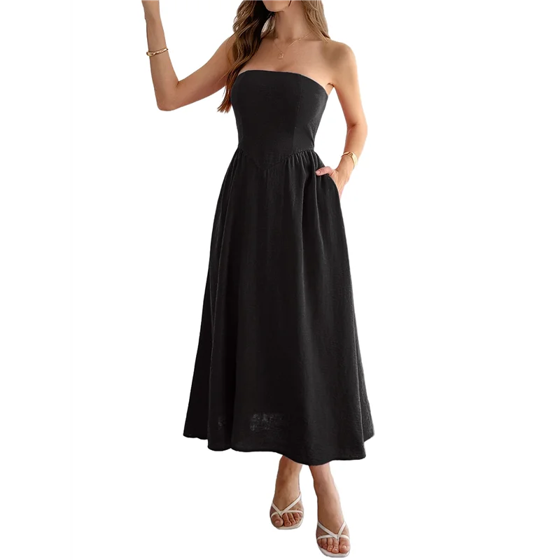 ABRT - Damska Sukienka Maxi Bez Ramiączek typu Tube, Luźna, Długa Sukienka Letnia Bez Rękawów w Stylu Boho na Plażę z Kieszeniami