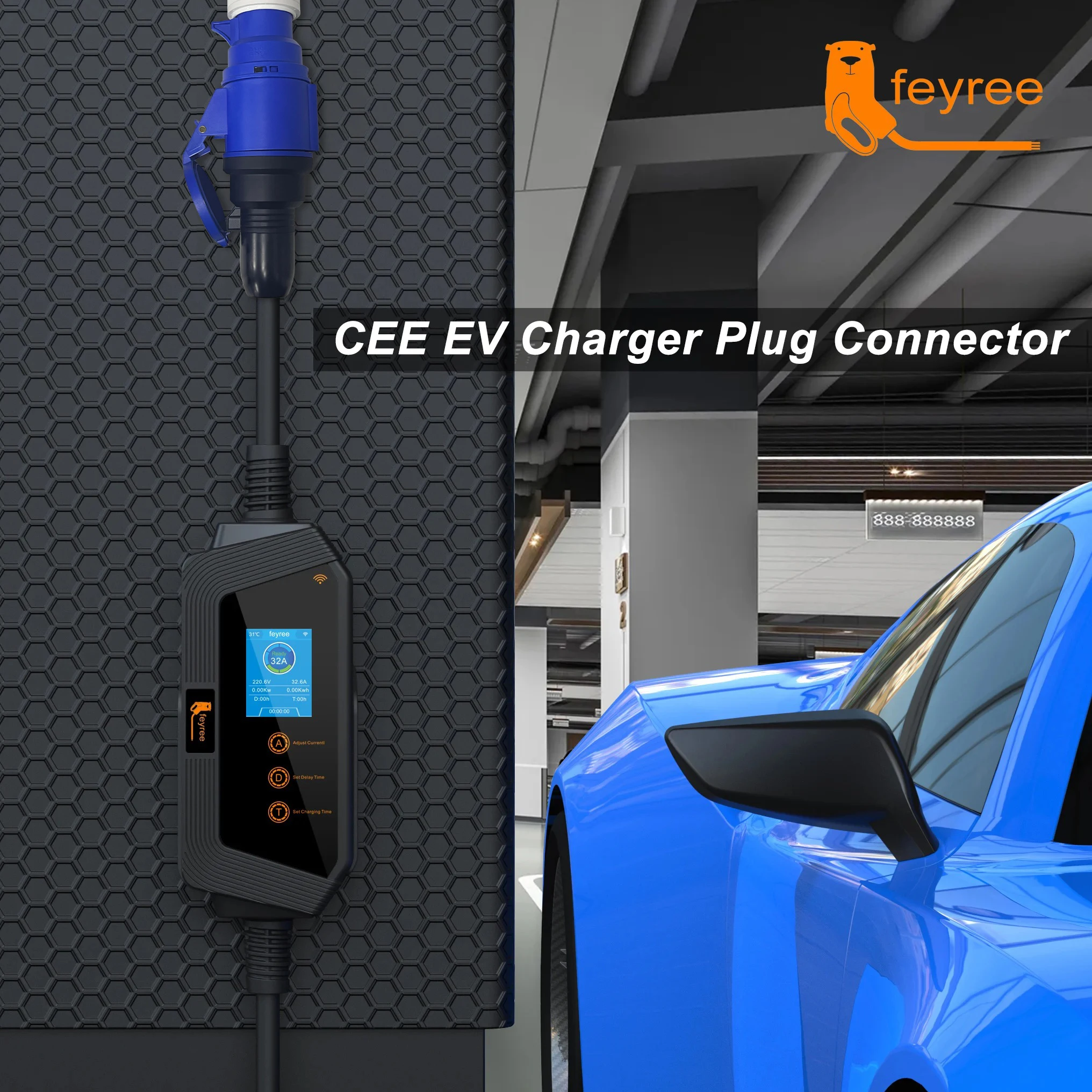 feyree EVSE Wallbox Type2 Cable EV Car Chager 7KW 11KW 22KW Electric Vehicle Charging Station with APP WIFI Control IEC62196-2