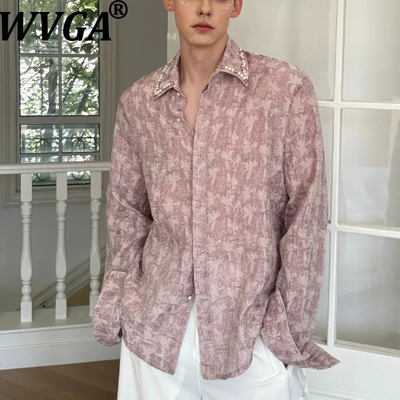 WVGA Spring Autumn New Men Tide Design Heavy Beaded High-End Trendy Printed Long Sleeve Shirts Niche Chic Casual Tops Ins W18040