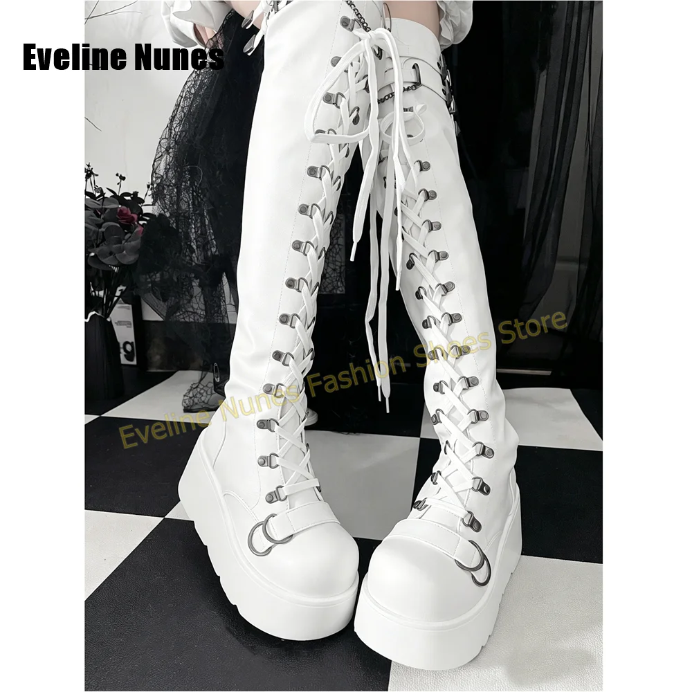 Sweet Gothic White Platform Thigh High Boots Women Multi Buckle Heart Chain Lace Up Round Toe Fashion Combat Boots 2026 Trend