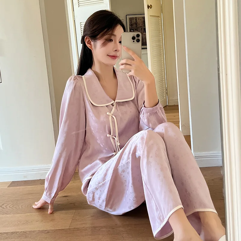 Jacquard Satin kerah kemeja lengan panjang celana piyama Set tidur wanita baju tidur rumah pakaian santai piyama setelan piyama musim semi