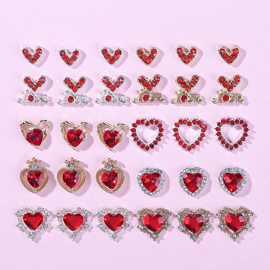 New 10pcs 3D Metal Alloy Red Valentine's Day Hollow Heart Nail Art Sticker Love Jewelry Luxury Rhinestone Gems Decoration Charms