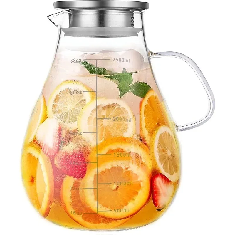 Glass Pitcher with Lid,88 Ounces-2500ml with Precise Scale Line, Hot/Cold Water Jug, Juice and Iced Tea Beverage Carafe with Lid