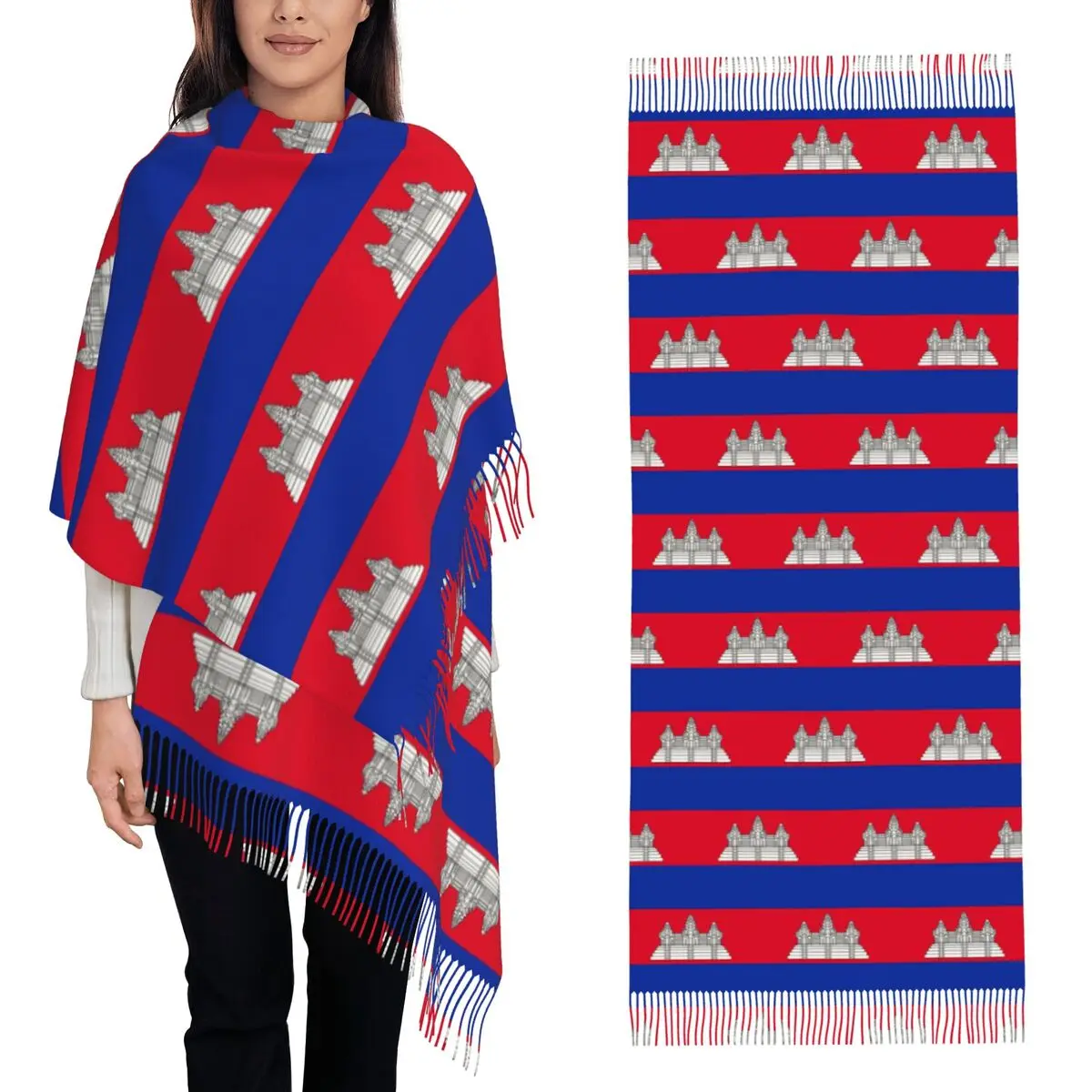 

Подарки с флагом Камбоджа, шарф, шарфы с кисточками для женщин, мягкие теплые шали и накидки, большая осенне-зимняя шаль