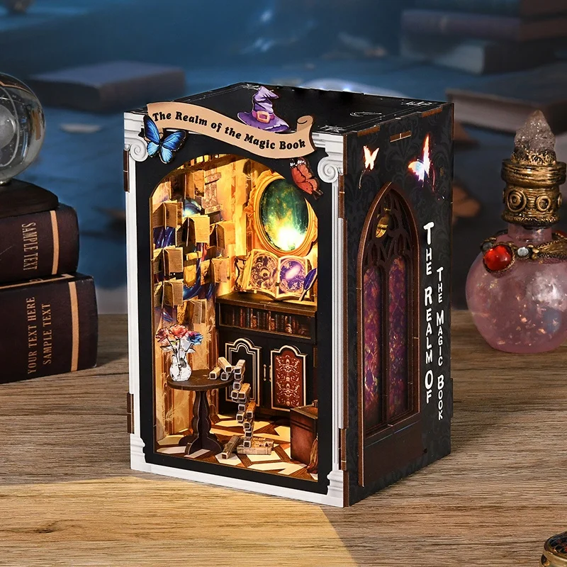 

DIY Wooden Book Nook Shelf Insert Kit The Realm Of The Magic Book Bookend Miniature Model Kits Bookshelf for Friends Gifts