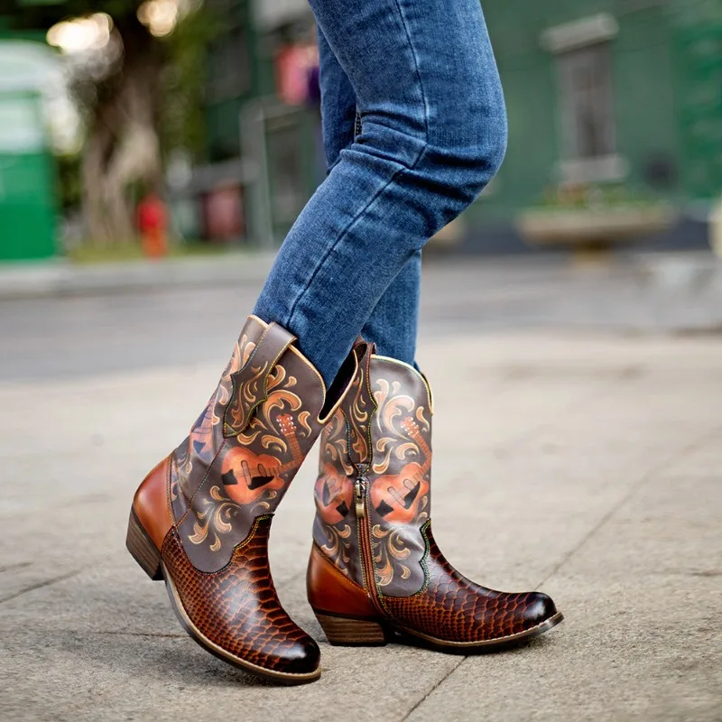 3.5 سنتيمتر جديد جلد الغنم فارس الأحذية كاوبوي الركبة عالية امرأة الموضة الانزلاق على الغربية الخريف الربيع العرقية حذاء قصير