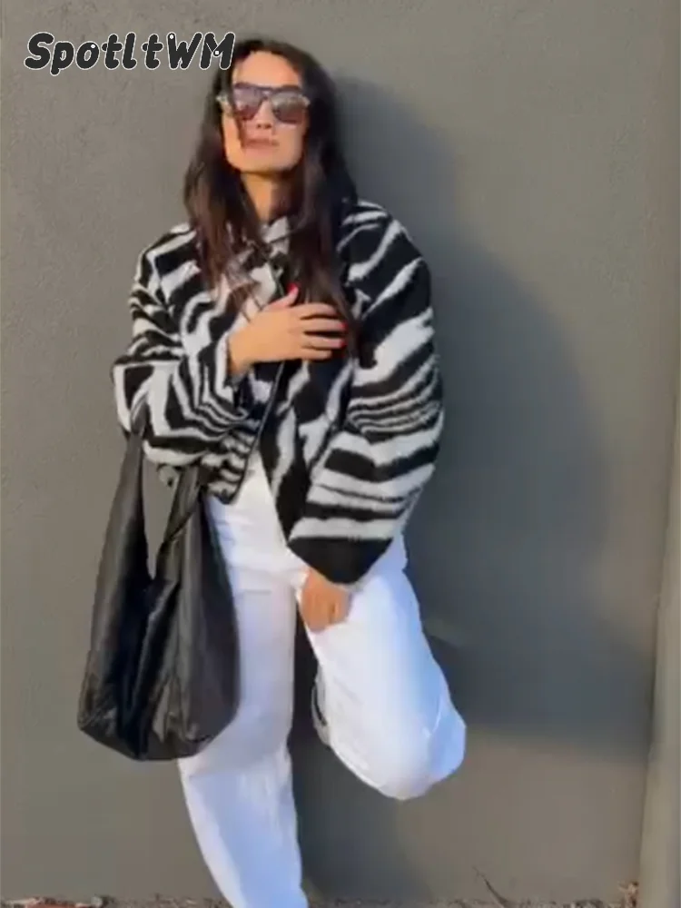 Women Zebra Black White Faux Fur Collar Pocket Jacket Vintage Long Sleeve Snap Cuff Outerwear 2026 Fall Y2k Trendy Street Coats