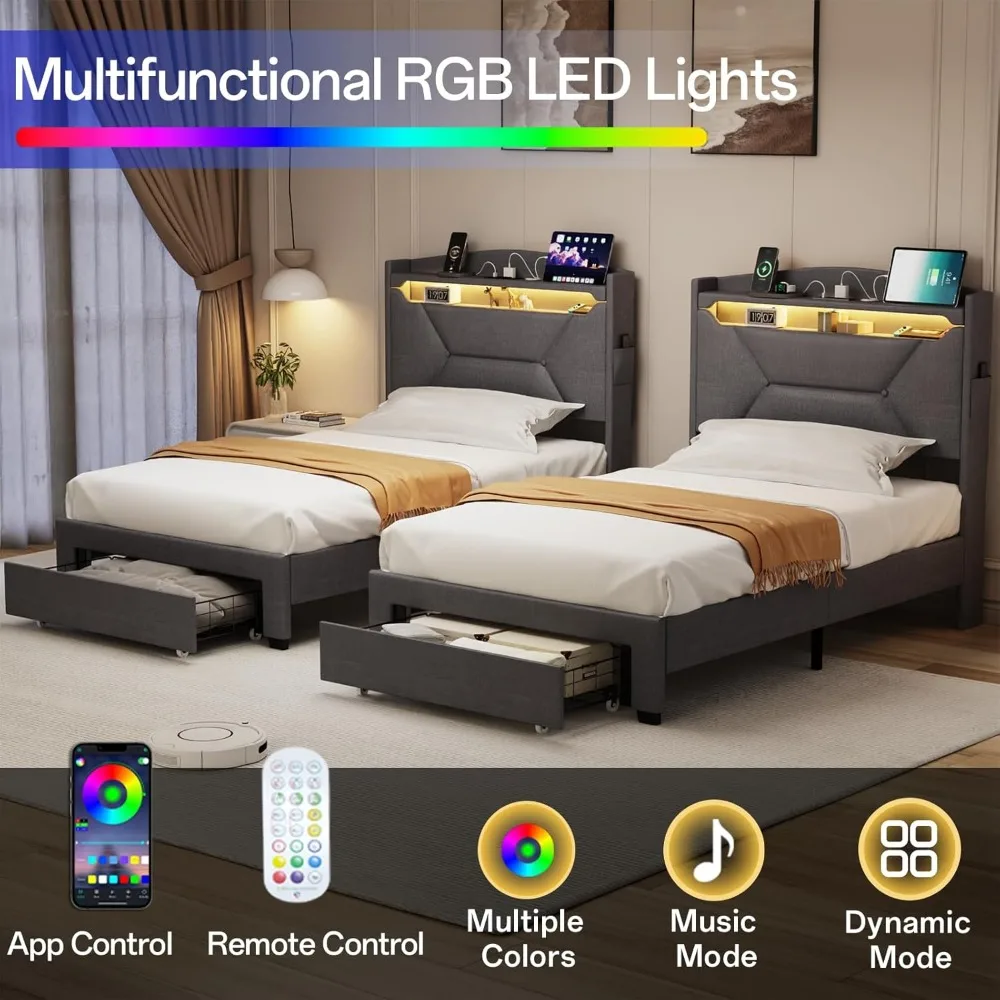 "إطار سرير مزدوج الحجم مع مساحة تخزين ولوح رأسي منجد، بما في ذلك الأدراج، ومحطة الشحن، وإضاءة LED"