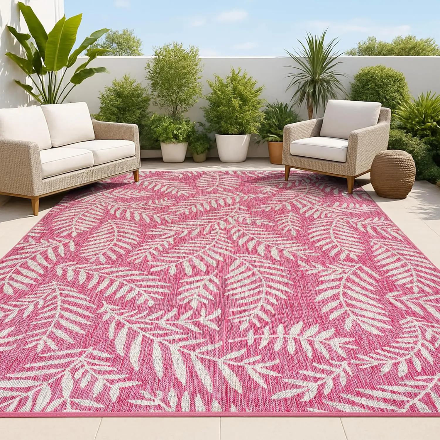 

Palm Frond Indoor Outdoor Area Rug 8X10 Fuchsia/Light Gray, Nevis for Backyard, Patio, Porch, Easy-Cleaning, High Traffic, Pe