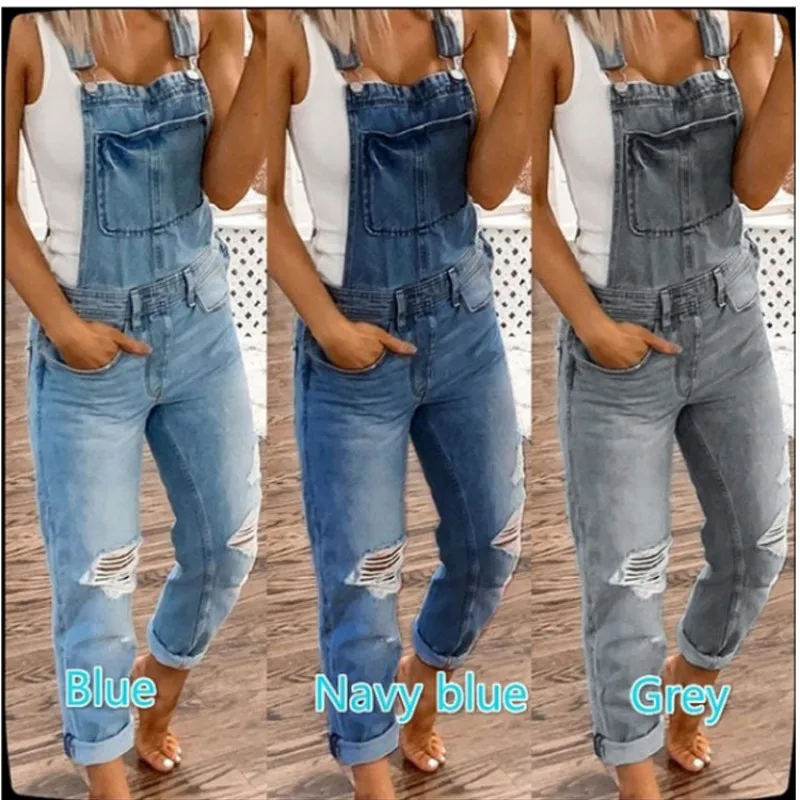 Hot Sale Bretels Denim Jumpsuit Voor Dames Mode Gescheurde Jeans Jumpsuit Casual Dames Kleding S-3XL Drop Shipping