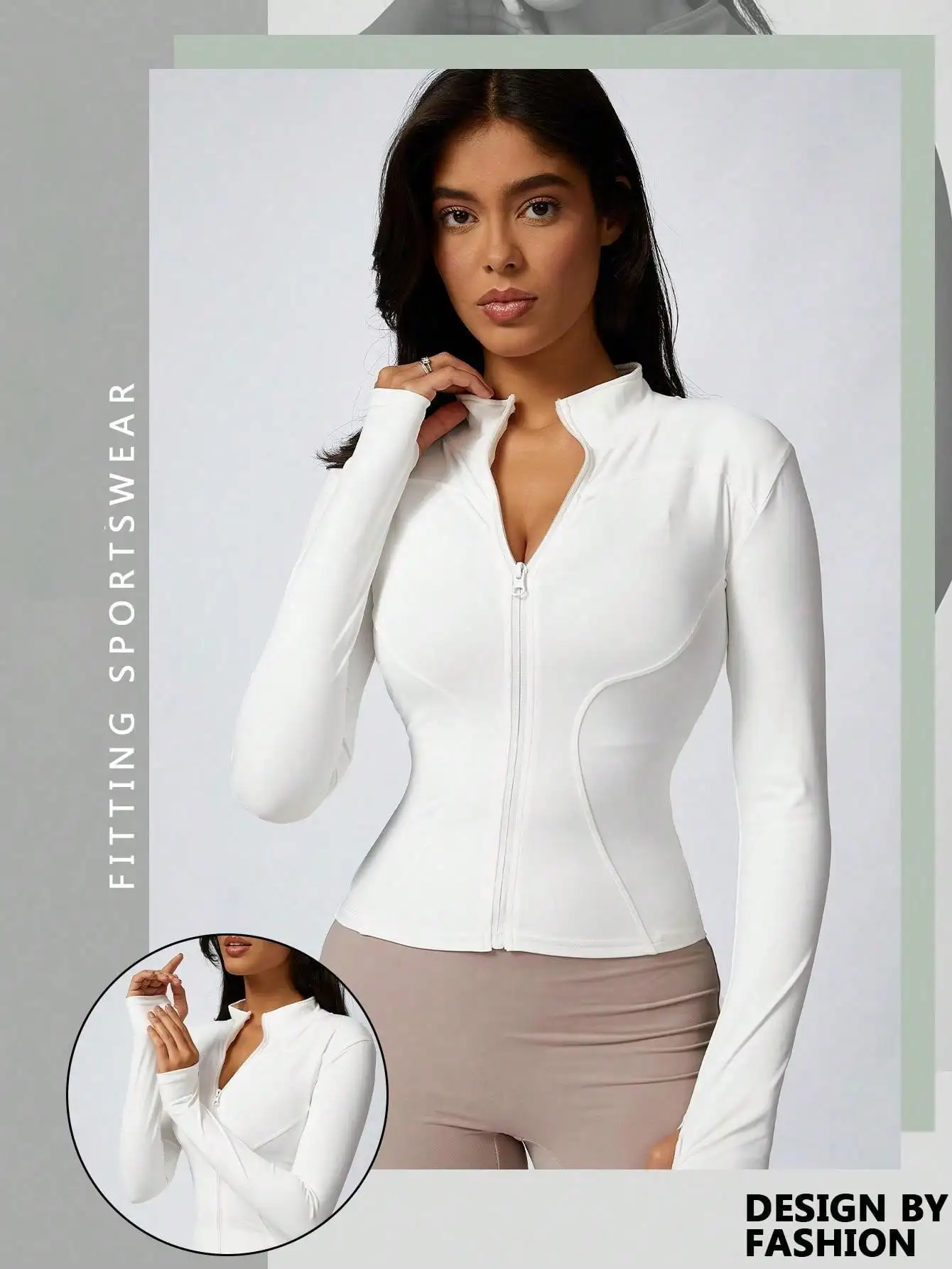 

White Long Sleeve Zip-Up Sports Jacket with Thumb Holes for Yoga Fitness