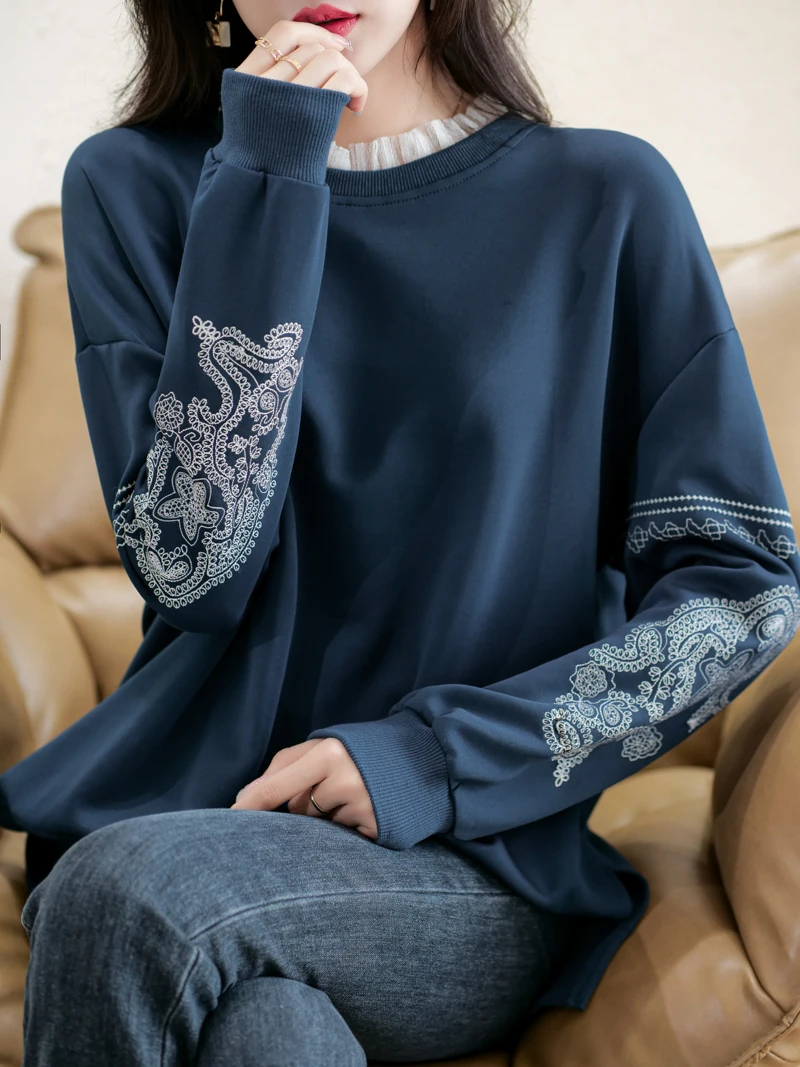 

Свободный крой, вышитый свитшот с кружевным воротником, брендовая женская верхняя одежда больших размеров, модная, с круглым вырезом, длинными рукавами, из хлопка