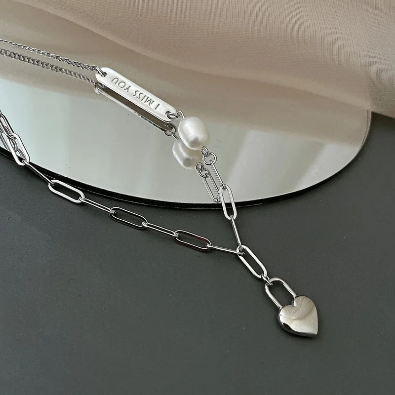 

925 Sterling Silver Necklace I Miss You Tag Pearl Asymmetric Heart Geometric for Women Girl Jewelry Gift Dropshipping Wholesale