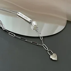 925 Sterling Silver Necklace I Miss You Tag Pearl Asymmetric Heart Geometric for Women Girl Jewelry Gift Dropshipping Wholesale