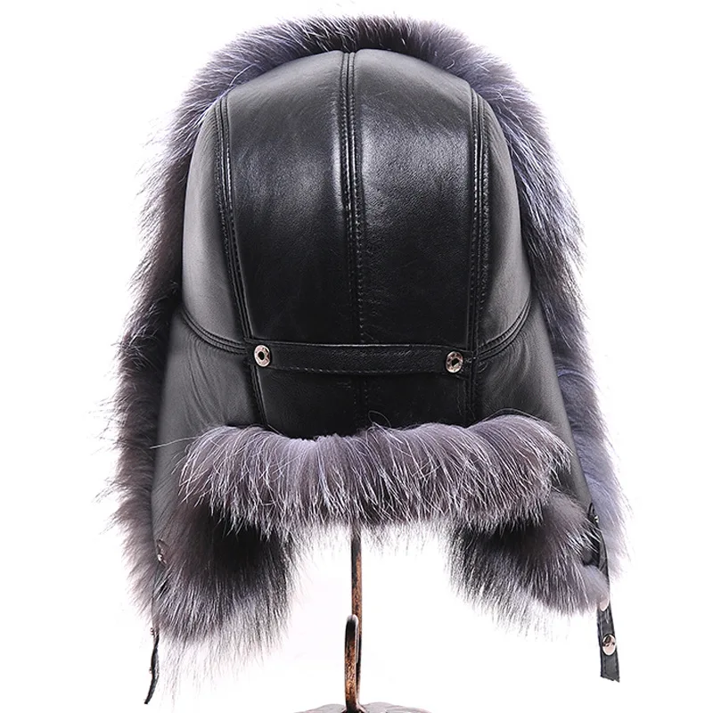 Hot high-end luxury fur hat Men\'s fox fur hat Lei Feng cap ear cap fur necessary hat Real fur hat 100% Sheepskin top fox hat