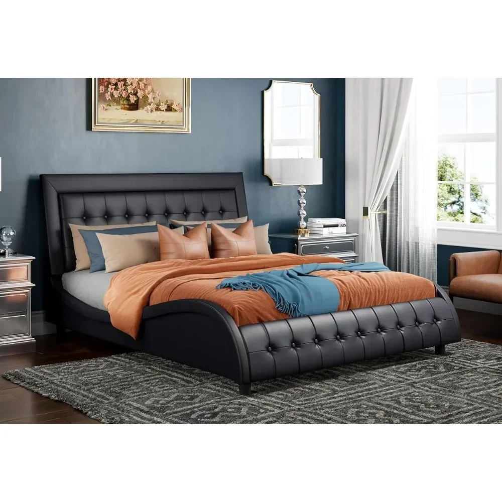 

Bed frame with adjustable headboard, box tufted upholstered platform bed, mattress base with plank support, Modern Wave