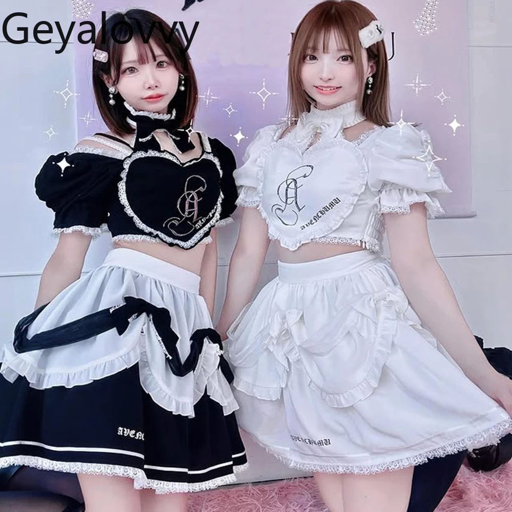 

Japanese Maid Style Letter Hot Diamond Lace Shirt Short-sleeved Love Lace Top + High Waist Cake Short Skirt Two-piece Set