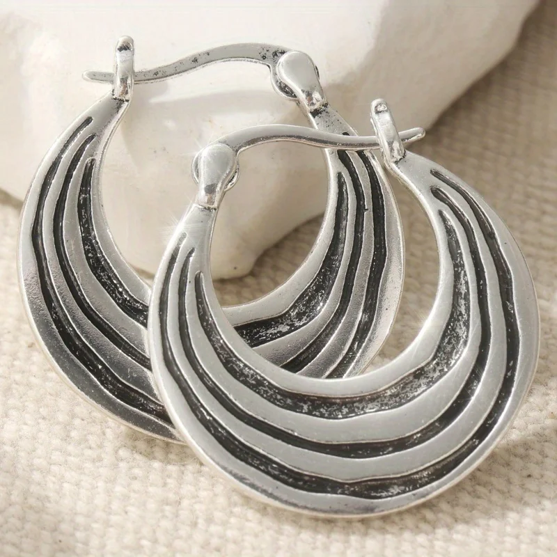 Vintage Silvery Hoop Earrings, Unique Boho Tribal Textured Silvery Hoops, Artisan Handmade Jewelry for Women