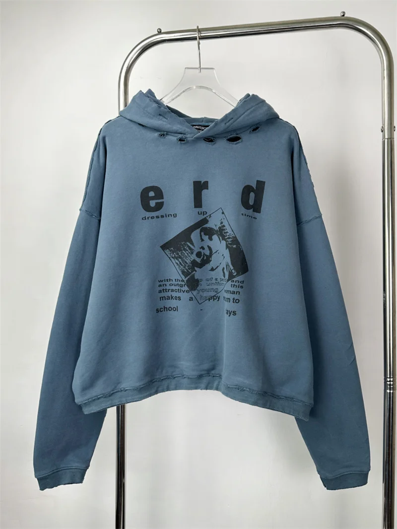 

Blue retro distressed design ERD super large hooded loose casual men's sportswear