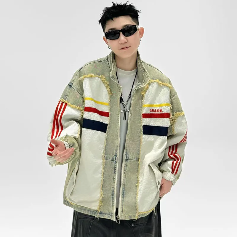 

Spring Autumn New Trendy Brand Stand-up Collar Denim Patchwork Baseball Collar Denim Jacket