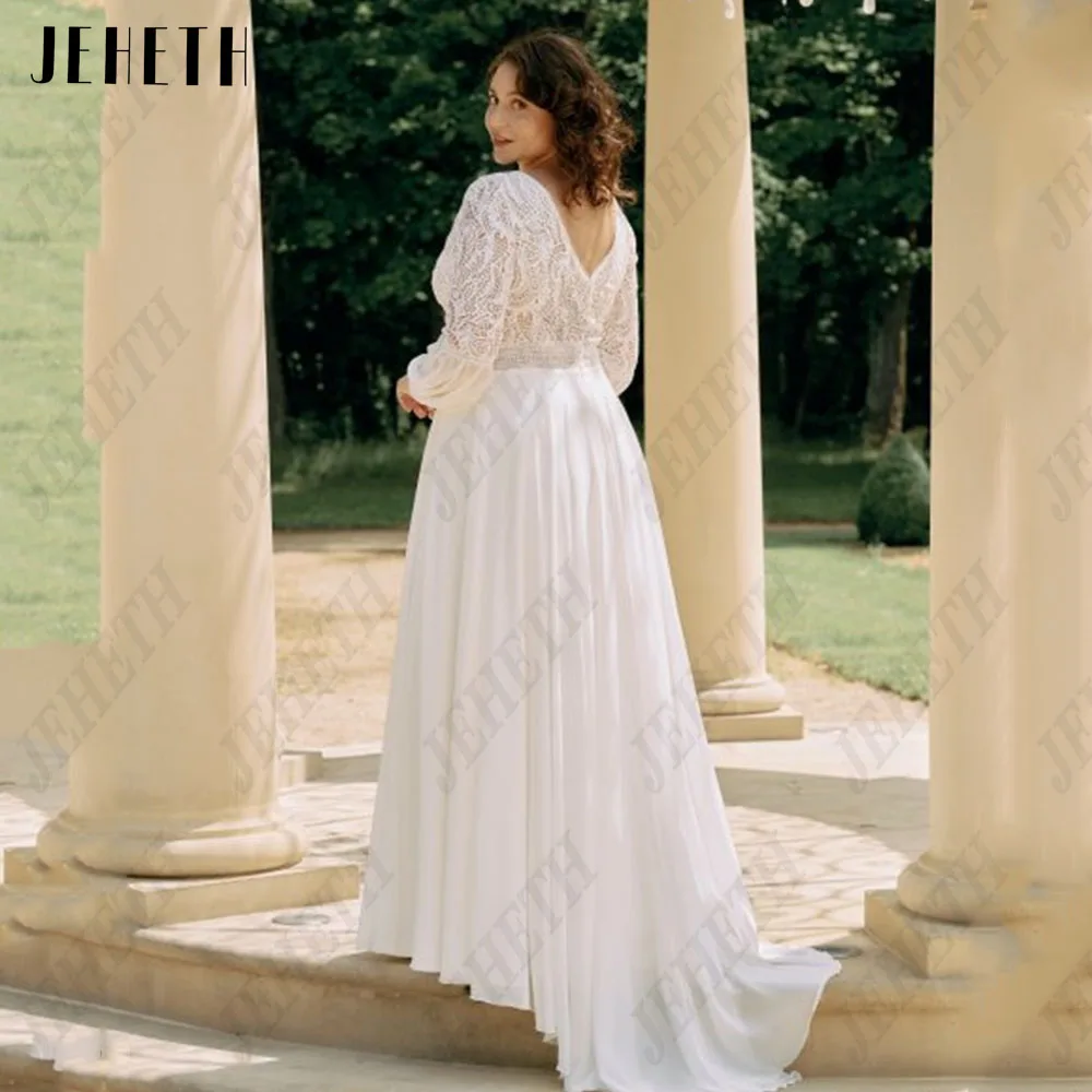 JEHETH Classic Wedding Dresses Puff Sleeves Plus For Bride A-Line Bride Gowns Chiffon V-Neck Side Split vestidos de novia