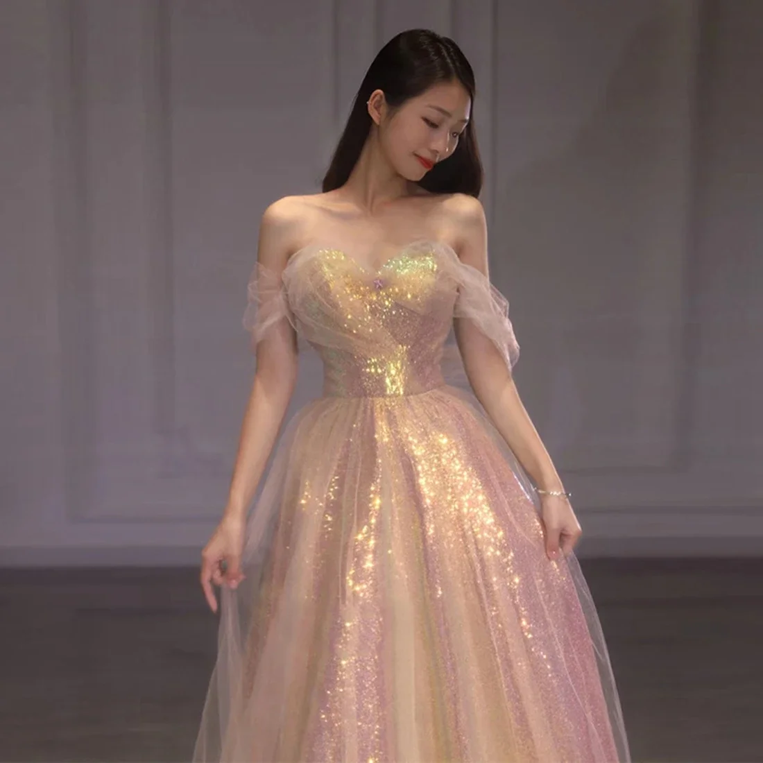 Elegant Sequin Floor-Length Prom Dress A-Line Gown Customized