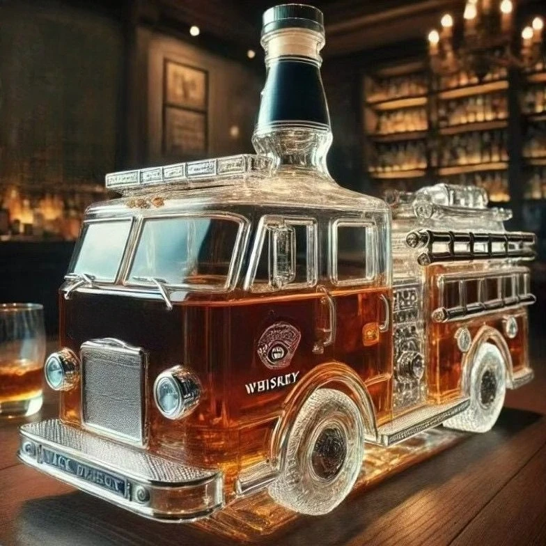 Fire Truck Shape Novelty Glass Whiskey Decanter 10oz Automotive Liquor Dispenser Wineware Unique Home Bar Office Decor Gift Set