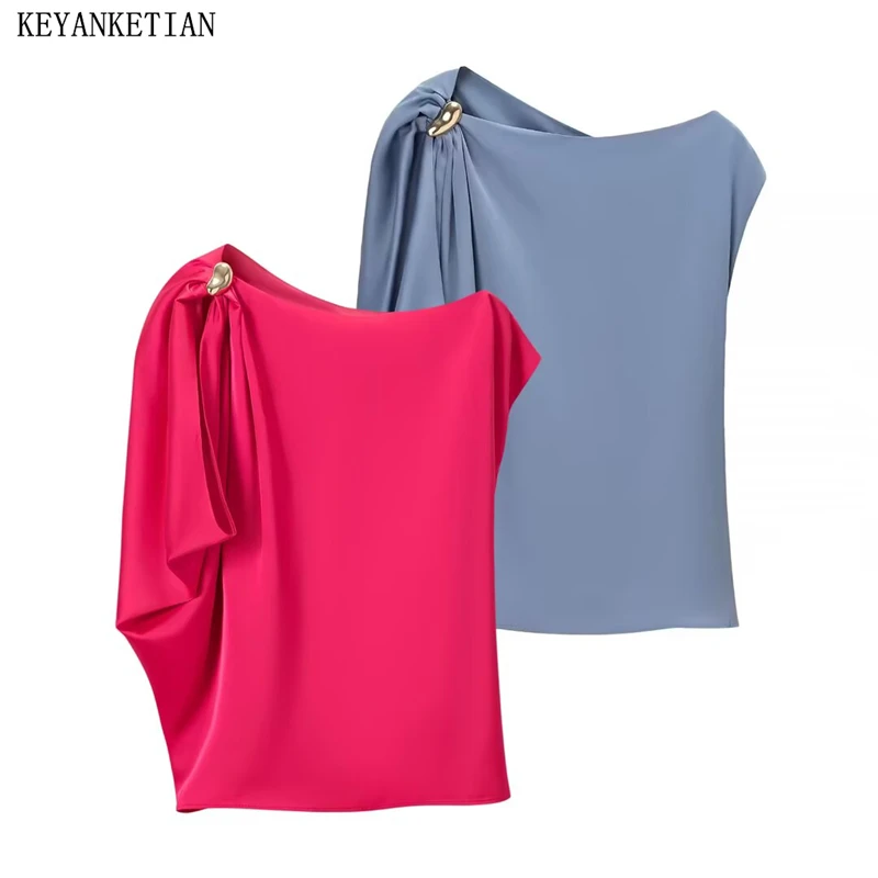 

KEYANKETIAN Women's Satin One Shoulder Blouse Elegant Draped Asymmetrical Sleeveless Top Metal Decor Casual Summer Office Wear