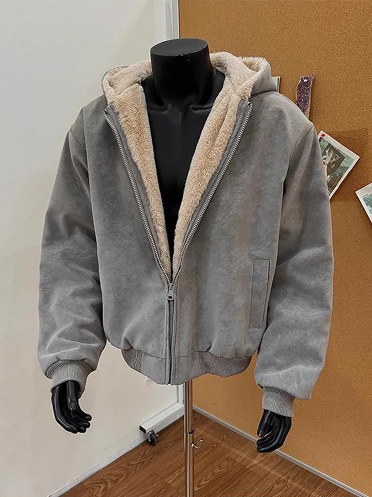 

Cleanfit Men's PU Leather Cotton Jaet Thiened Fce Lined American Retro Lamb Velvet Winter Coat Zipper Hooded Coat