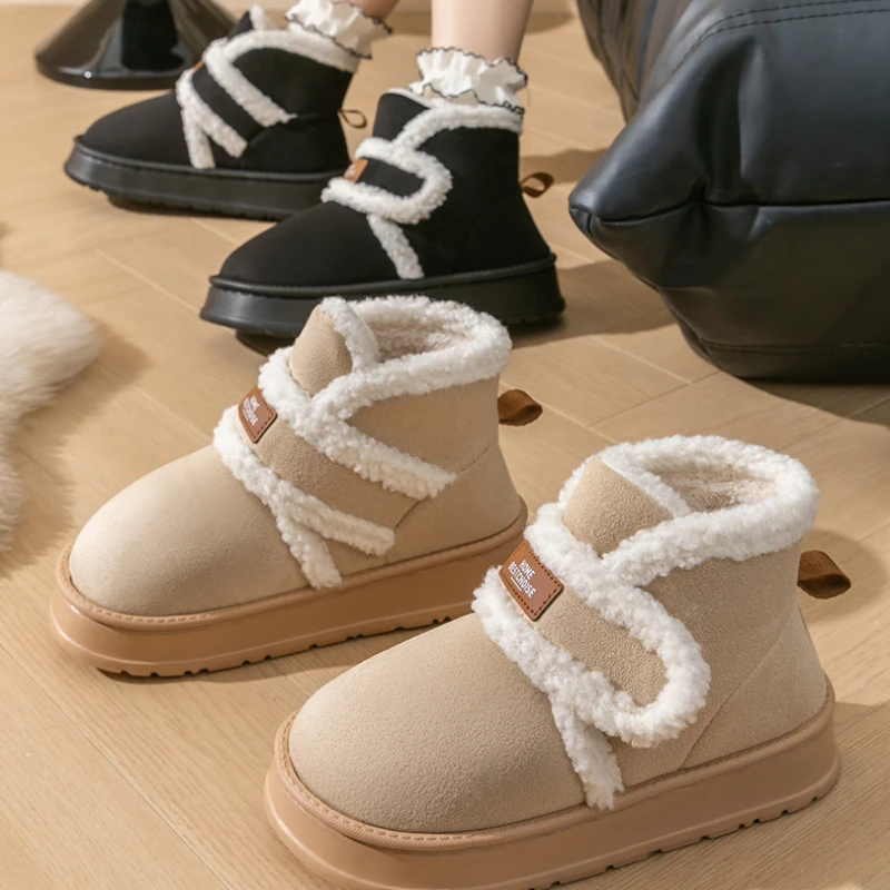 Female Winter Warm Plush Cotton Shoes Thick Bottom Indoor Round Head Snow Boots Solid Colour Home Home Anti-slip Flats