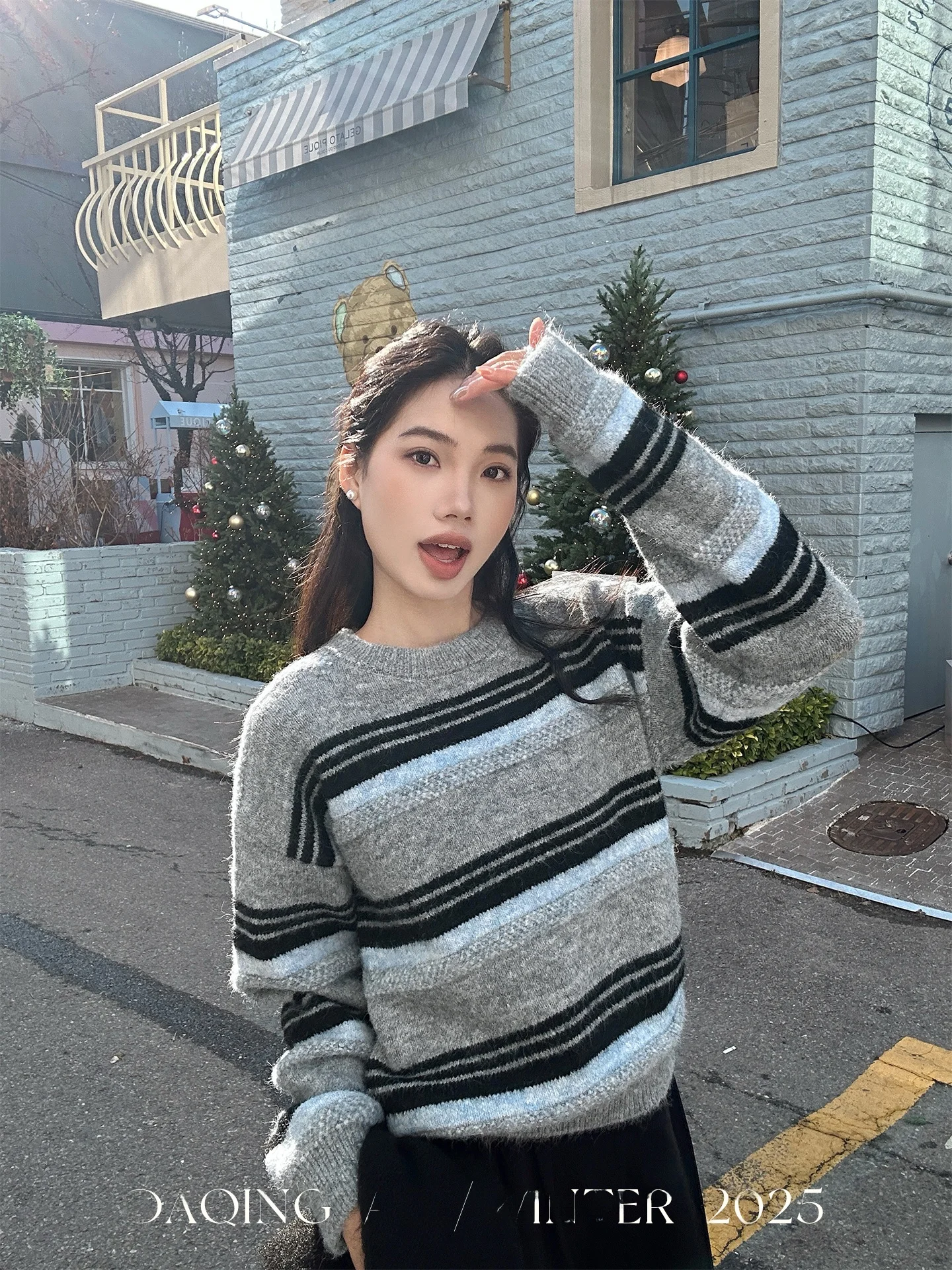 

Korean Sle Color Blo Striped Woolen Knitted Sweater with awl Women's Winter New Faion Loose Fit Long Sve round Ne