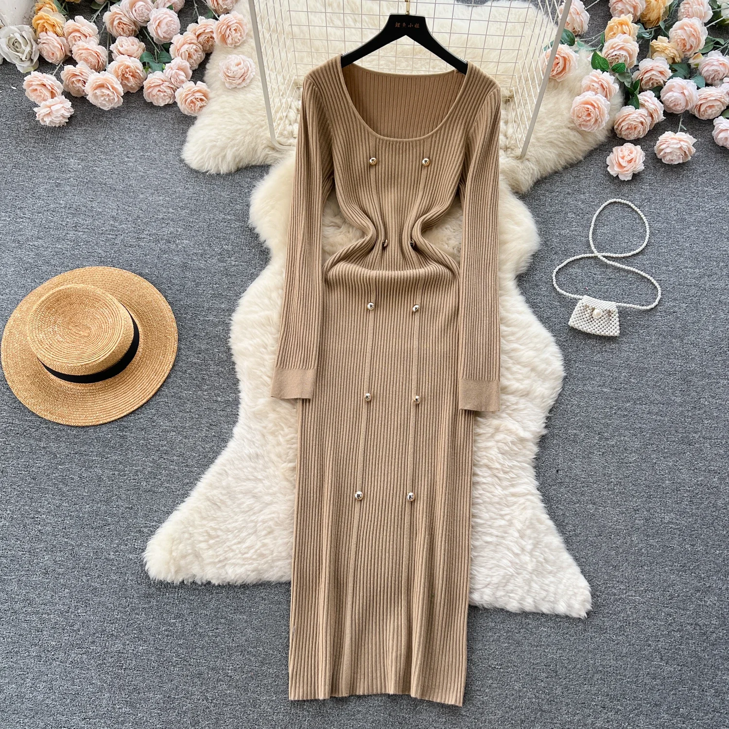 Women Soft Elegant Solid O Neck Long Sleeve Double Breasted Bodycon Dress Sexy Fashion Knit Elastic Slim Hip Wrap Sweater Dress