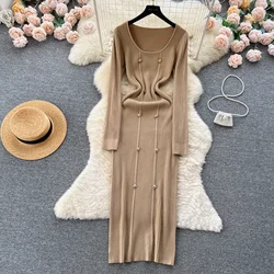 Women Soft Elegant Solid O Neck Long Sleeve Double Breasted Bodycon Dress Sexy Fashion Knit Elastic Slim Hip Wrap Sweater Dress
