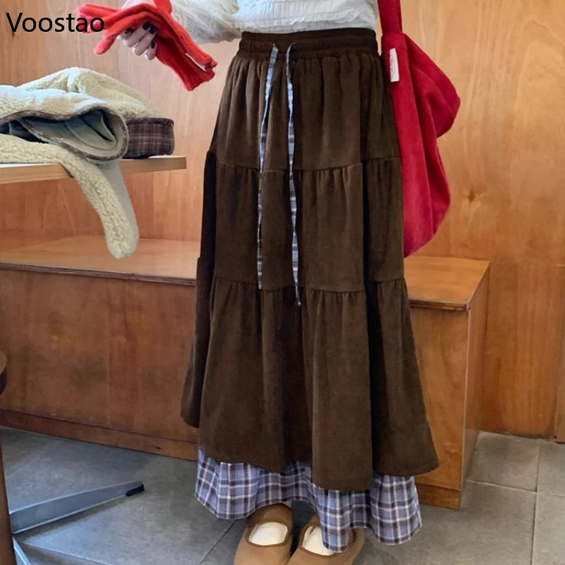 

Винтажная вельветовая длинная юбка, женская осенне-зимняя элегантная клетчатая лоскутная юбка с высокой талией, женские корейские милые юбки-миди