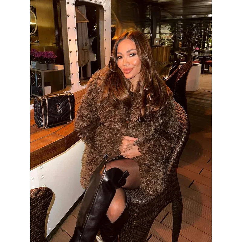 Women winter warm faux curly fur jacket woman fashion slim solid side pockets lapel long sleeves casual loose coat Mujer