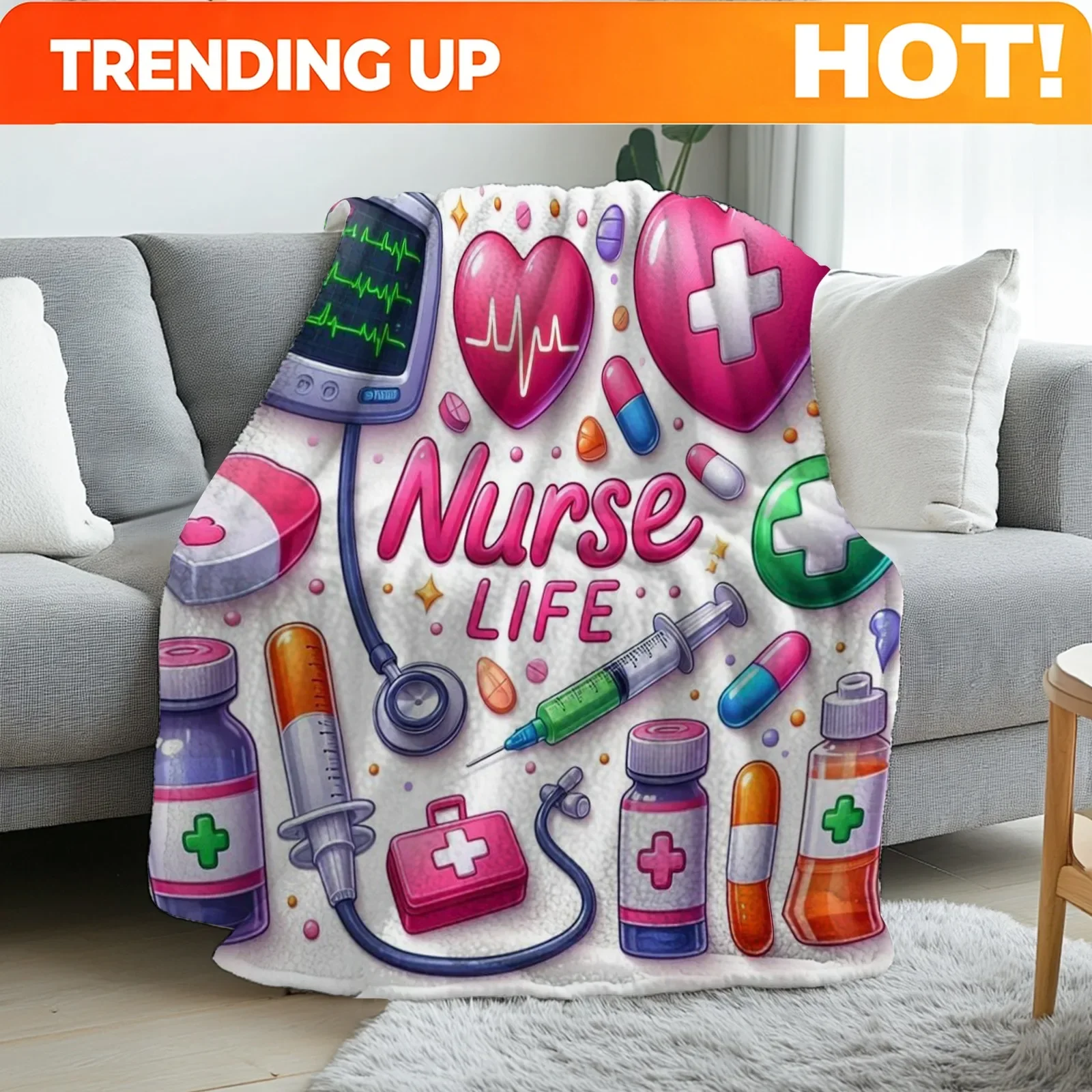 Customization 1pc, Nurse Life, Flannel Blanket, Camping Blanket, Nap Blanket, Outdoor Camping, Soft, Medical Symbols Heart, Appl