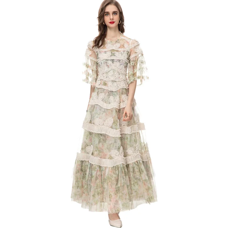

Fashion Summer New Dress For Women Short Sleeve Patchwork Mesh Flower Print Long Vacation Party Dresses