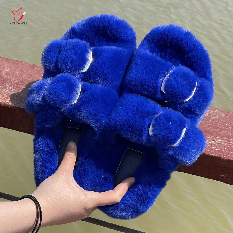 New Women\'s Plush Slippers Winter Soft Fluffy Slippers Home Flat Slides Indoor Shoes Women Ladies Flip-Flops Faux Fur Slippers