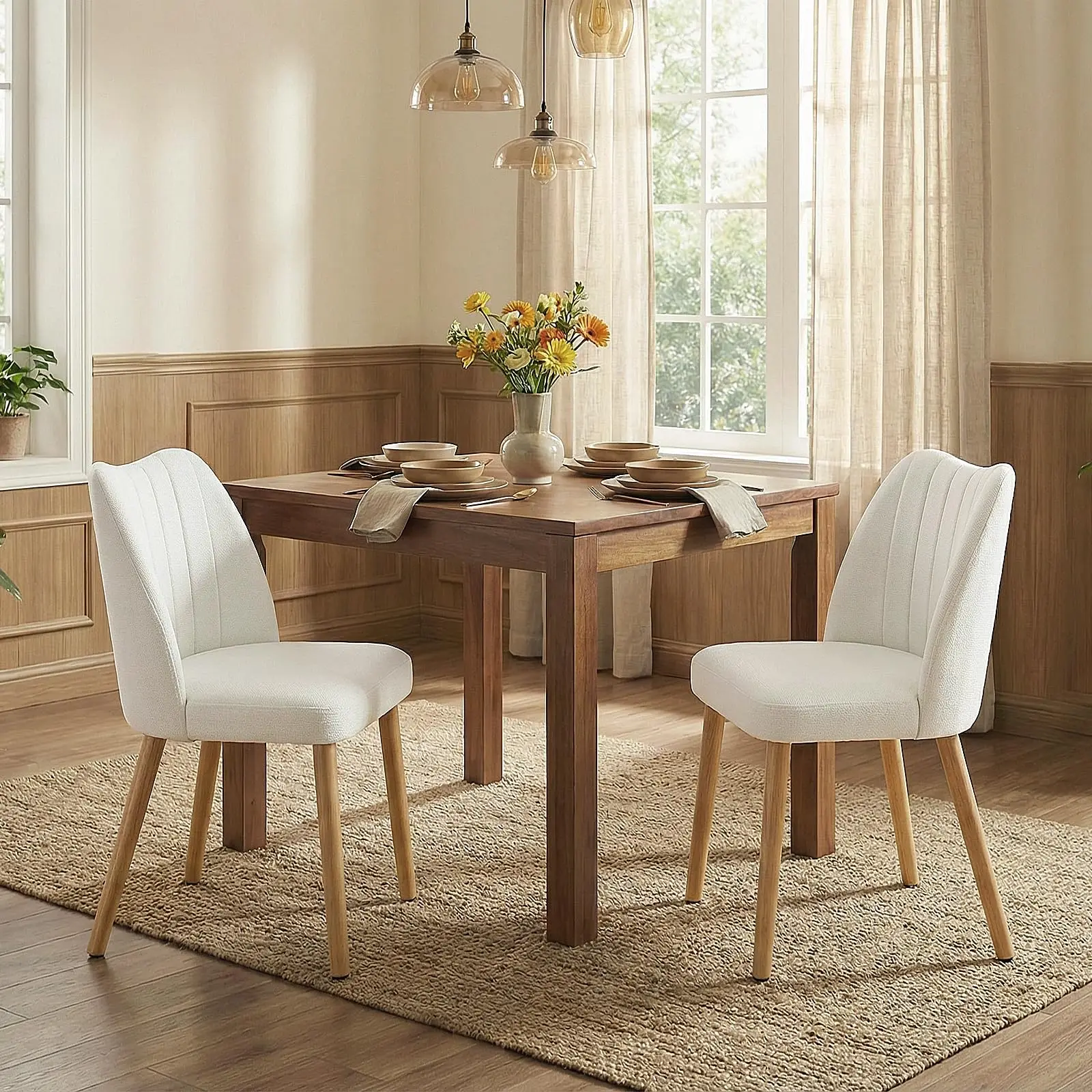 Set Of 2 Mid Century Modern Upholstered Dining Chairs, Fabric Kitchen Chairs With Curved Back And Wood Legs For Dining Room Living Room