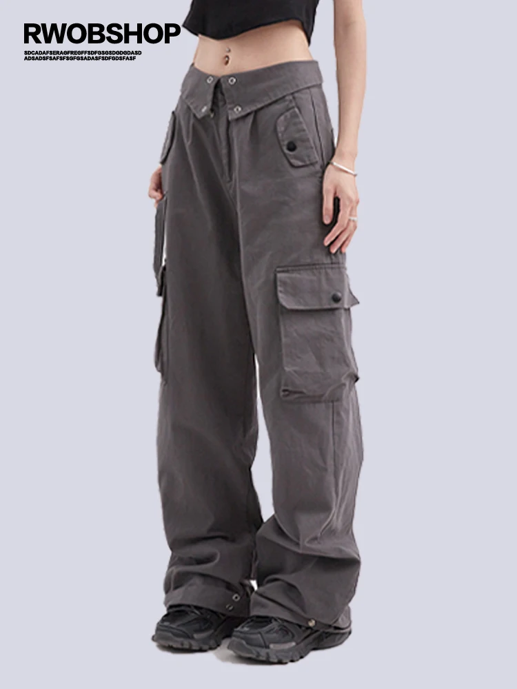 Baggy Cargo Pants Women 2023 Fall New American Fashion Casual Multi-Pocket Flip Design Straight Gray Wide Leg Trousers Woman