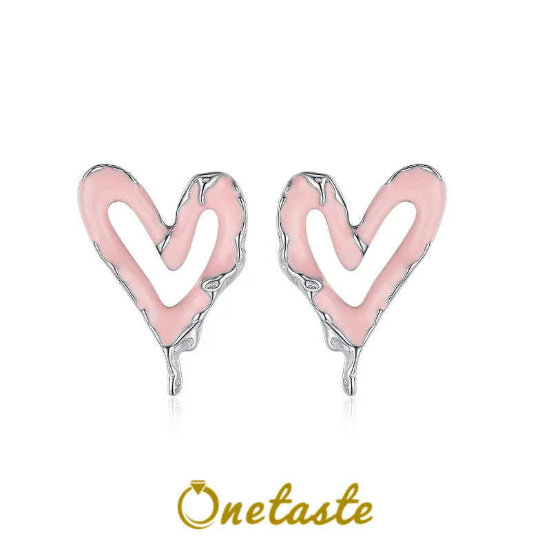 925 Sterling Silver Pink Heart Shaped Small Earrings For Women Trendy Epoxy Resin Love Earring Valentine's Birthday Gift For Her