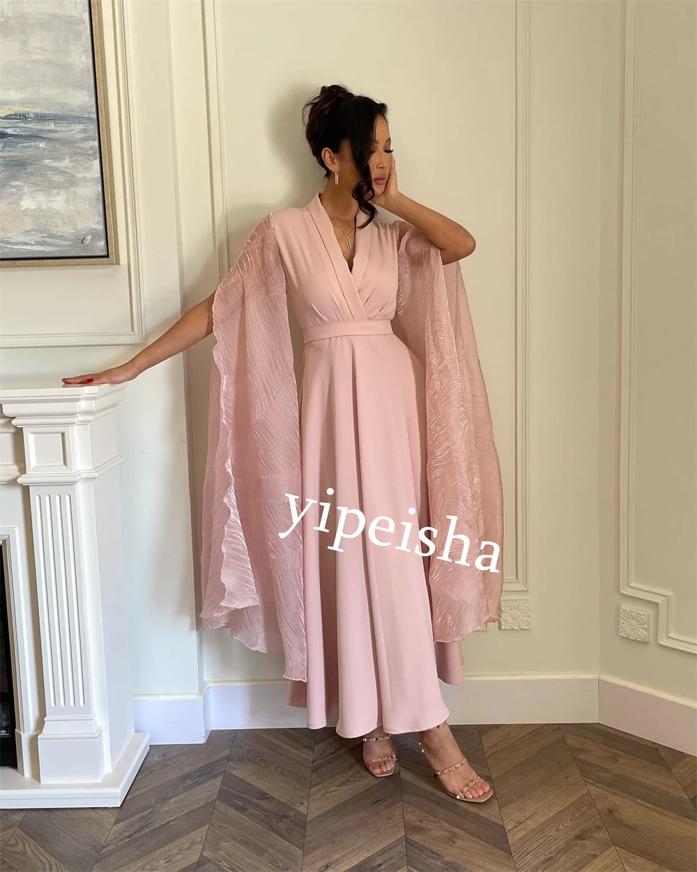 Customized Jiayigong  Jersey Ruffle Christmas A-line V-neck Bespoke Occasion Gown Midi Dresses Saudi Arabia