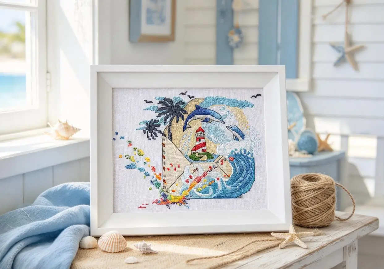 Dolphin Lighthouse Envelope Counted Cross Stitch Kit - DIY Handcraft Embroidery Floss Artwork for Leisure Time