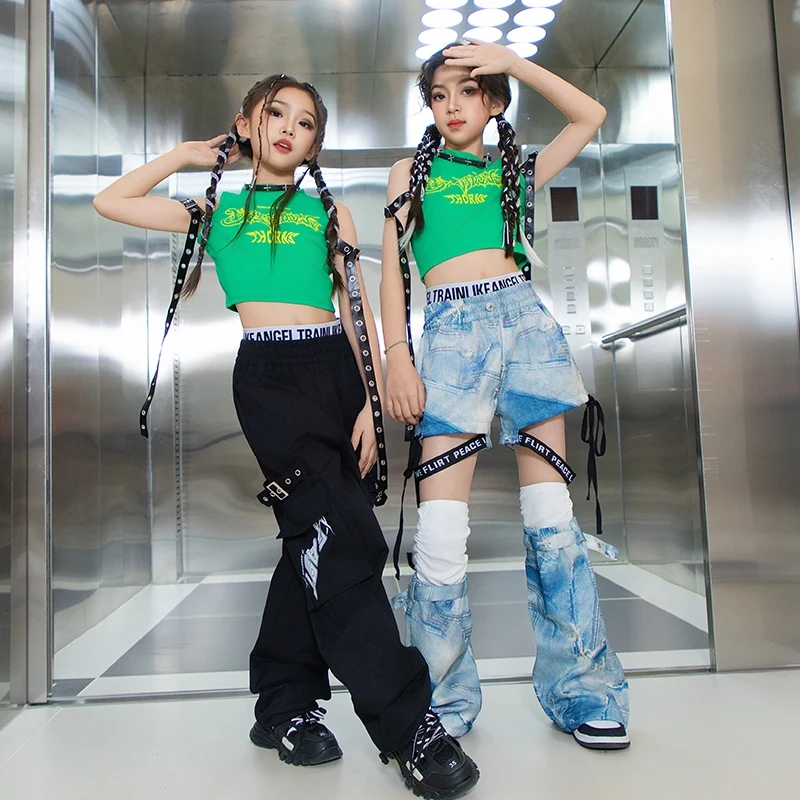 Kids Hip Hop Kleding Jazzdans Kostuum Meisjes Streetwear Groen Vest Cargo Broek Shorts Outfits Street Dance Kleding DN20394
