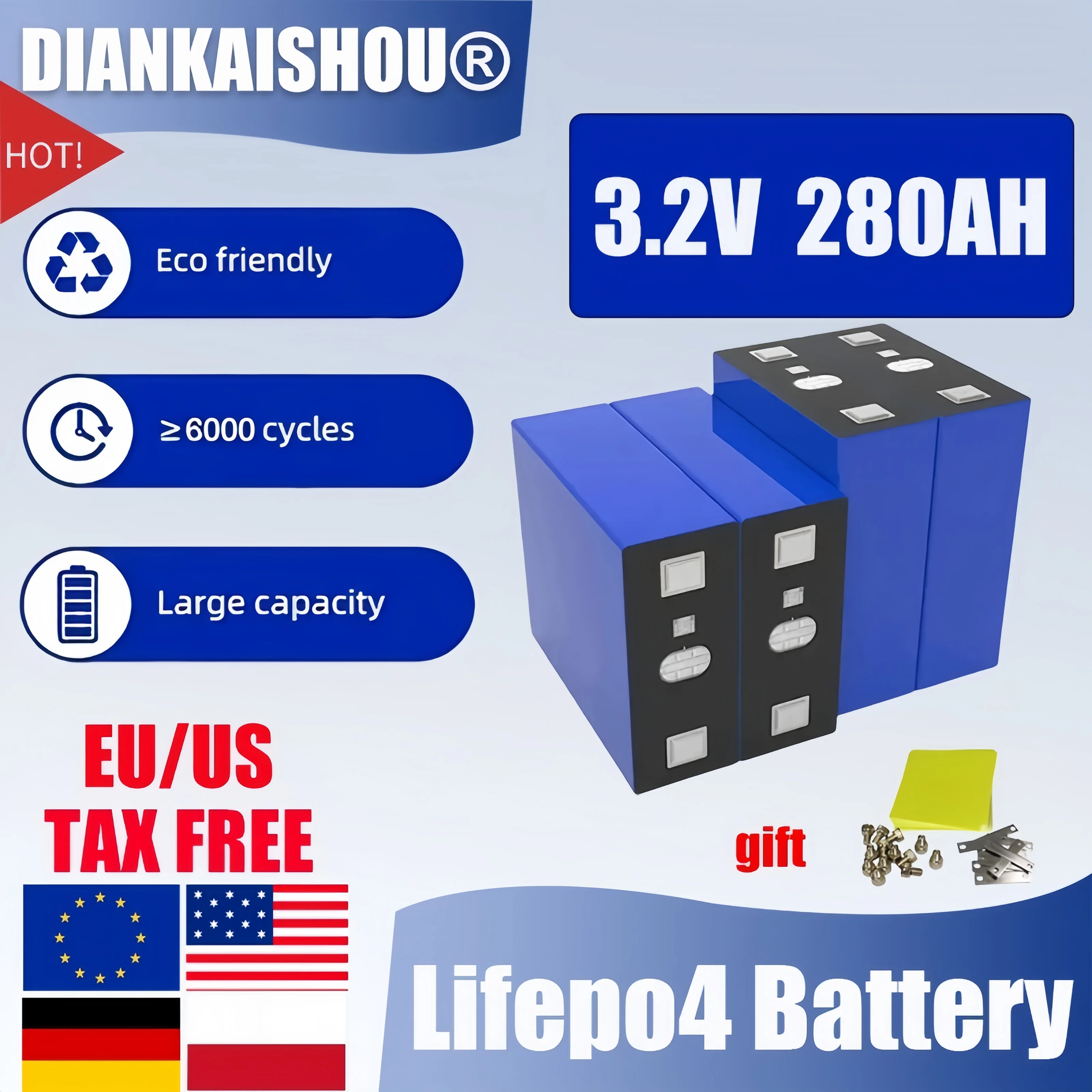 

A-класс 3,2 В 280 Ач LiFePO4 аккумуляторная батарея 6000 циклов для DIY RV электромобиль солнечная система 12 В 24 В без налогов