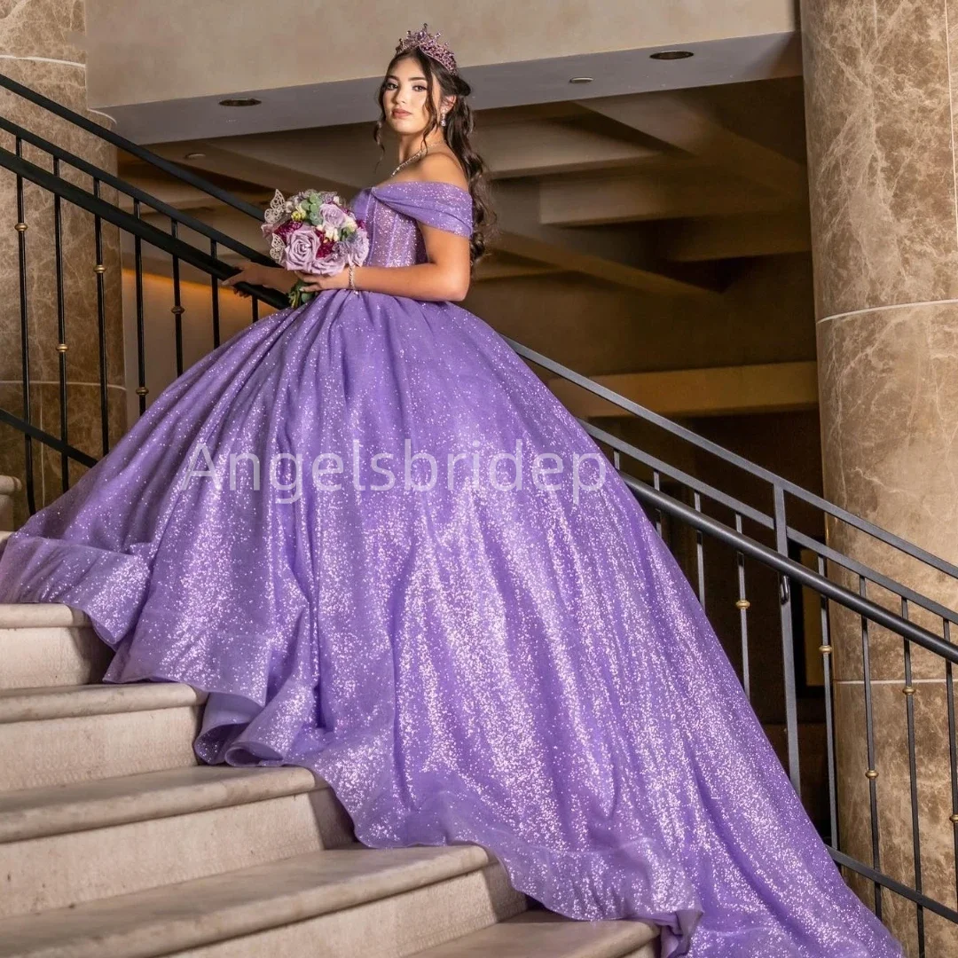 Angelsbridep 2025 Mexicaanse Paarse Elegante Baljurk Quinceanera Jurken Met Glitter Tule Feestjurk Vrouw Vestidos De Festa